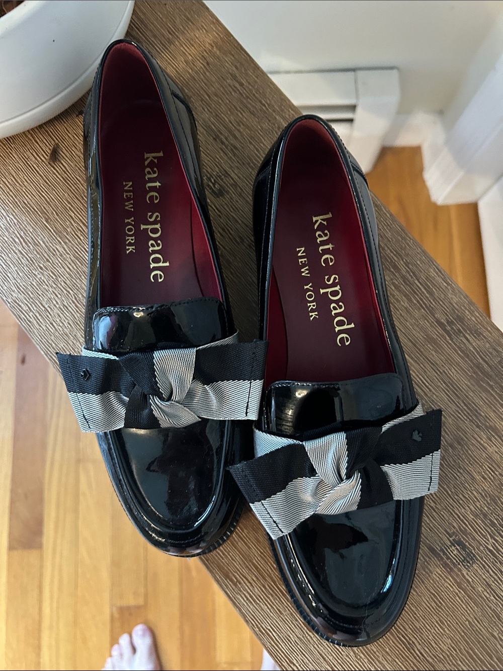kate spade Black Patent Loafers with Striped Grosgrain Bow - Picture 3 of 7